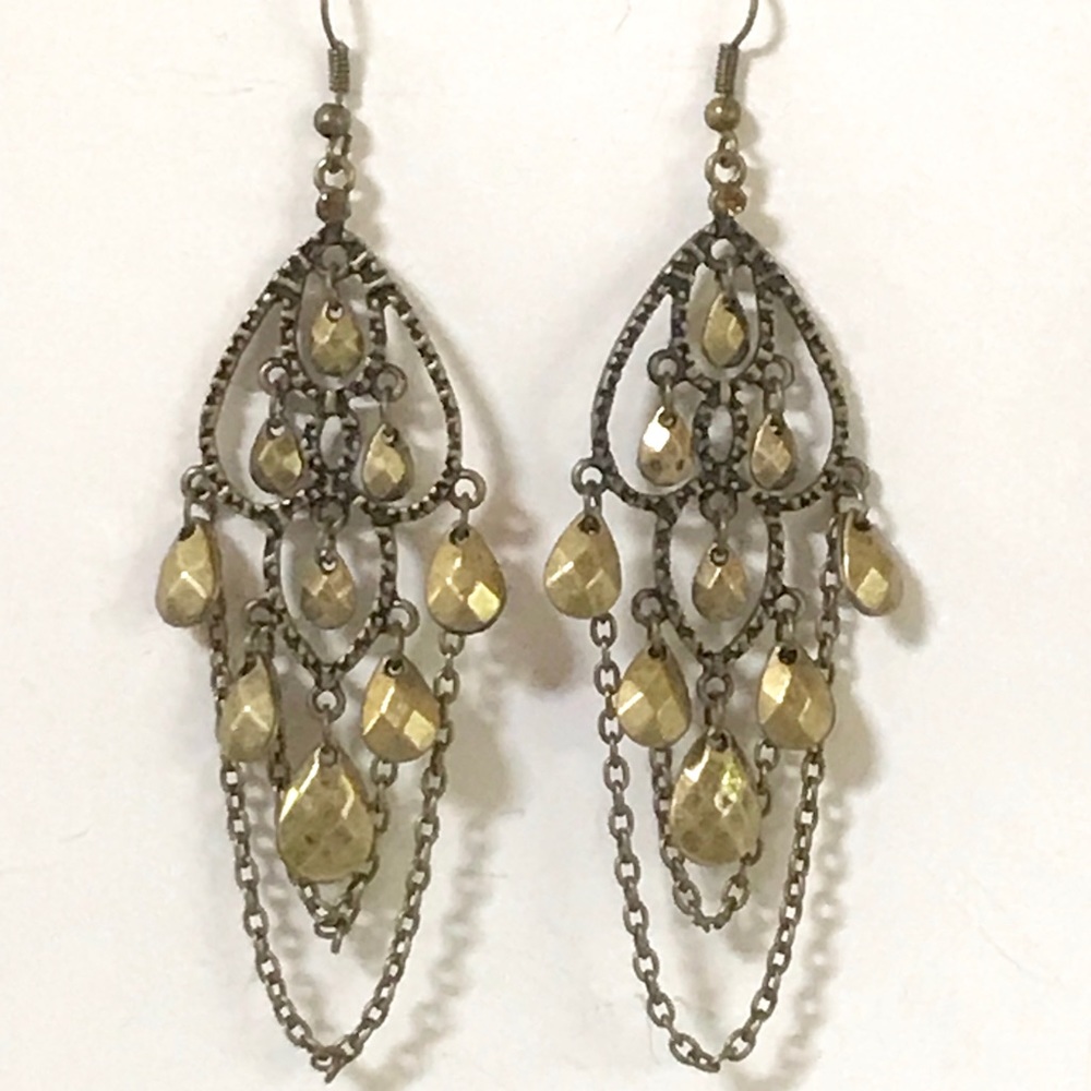 Antiqued Brass Teardop and Chain Earrings